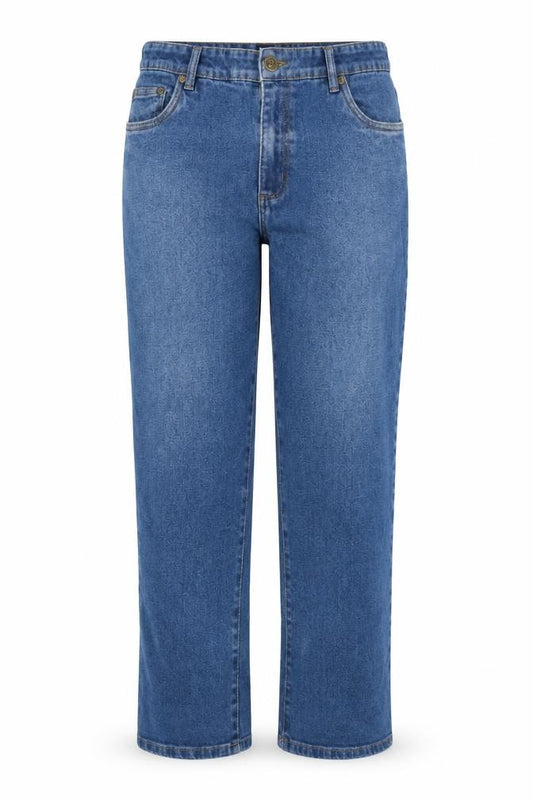 Front view of Union Blues women’s blue cotton boyfriend jeans, size UK 34, in regular button