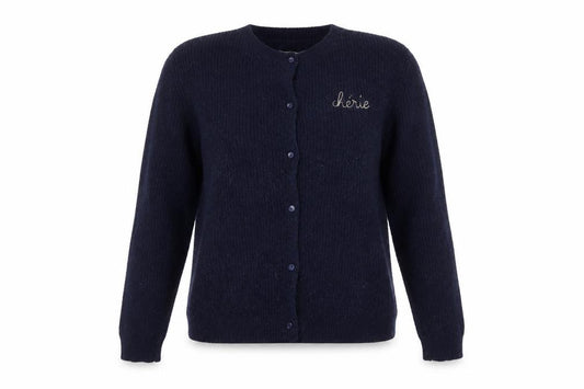Front view of Grace & Mila women’s blue round neck polyester cardigan jumper, size M