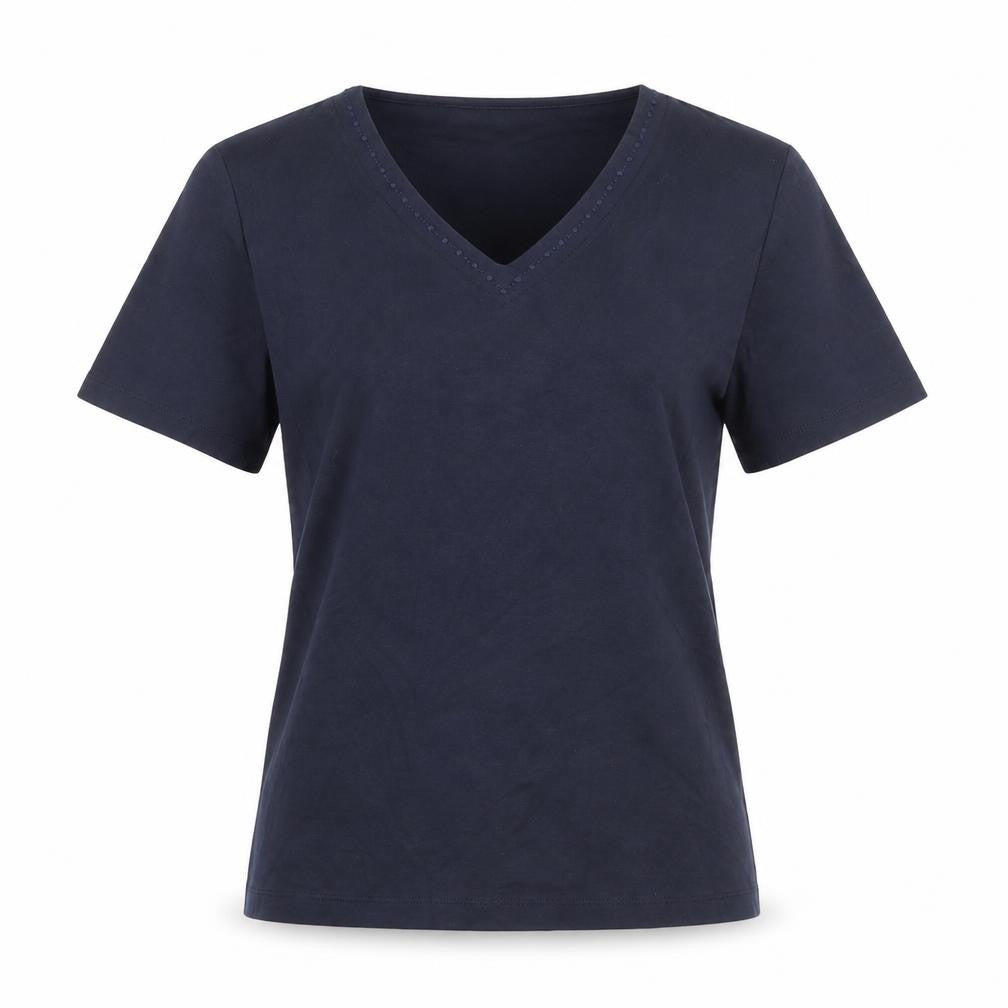 Front view of Country Casuals women’s blue 100% cotton basic t-shirt, size M, v-neck