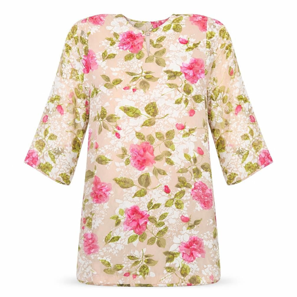 Front view of women’s pink floral polyester shift, size M, round neck pullover