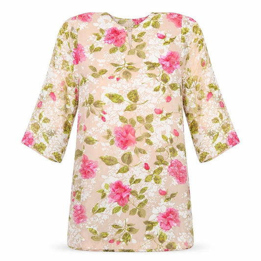 Front view of women’s pink floral polyester shift, size M, round neck pullover