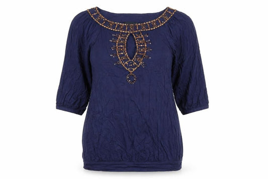 Front view of Next women’s blue viscose basic blouse, size UK 12, boat neck