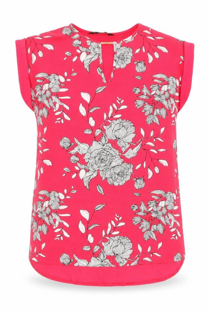 Front view of F&F women’s pink floral viscose basic blouse, size UK 8, round neck