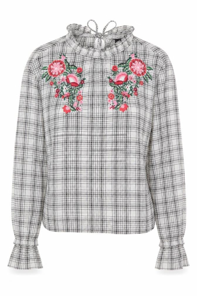 Front view of H&M women’s white paisley viscose basic blouse, size UK 8, round neck - flower detail