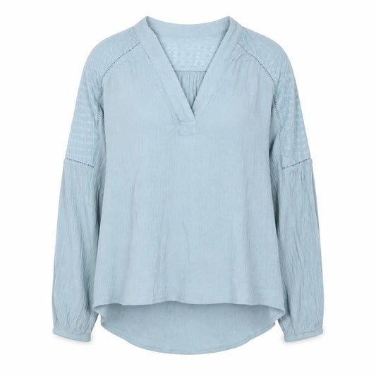 Front view of H&M women’s blue polyester basic blouse, size UK 6, v-neck
