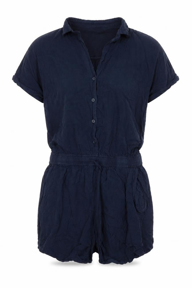 Front view of Lush women’s blue viscose playsuit one-piece, size UK 6, button
