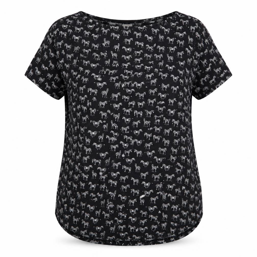 Front view of H&M women’s black geometric polyester basic t-shirt, size XS, round neck - zebra
