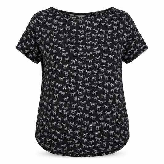 Front view of H&M women’s black geometric polyester basic t-shirt, size XS, round neck - zebra