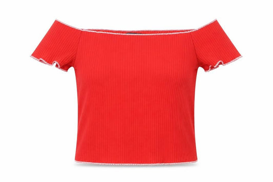 Front view of Primark women’s red polyester basic tank, size UK 8, off the shoulder