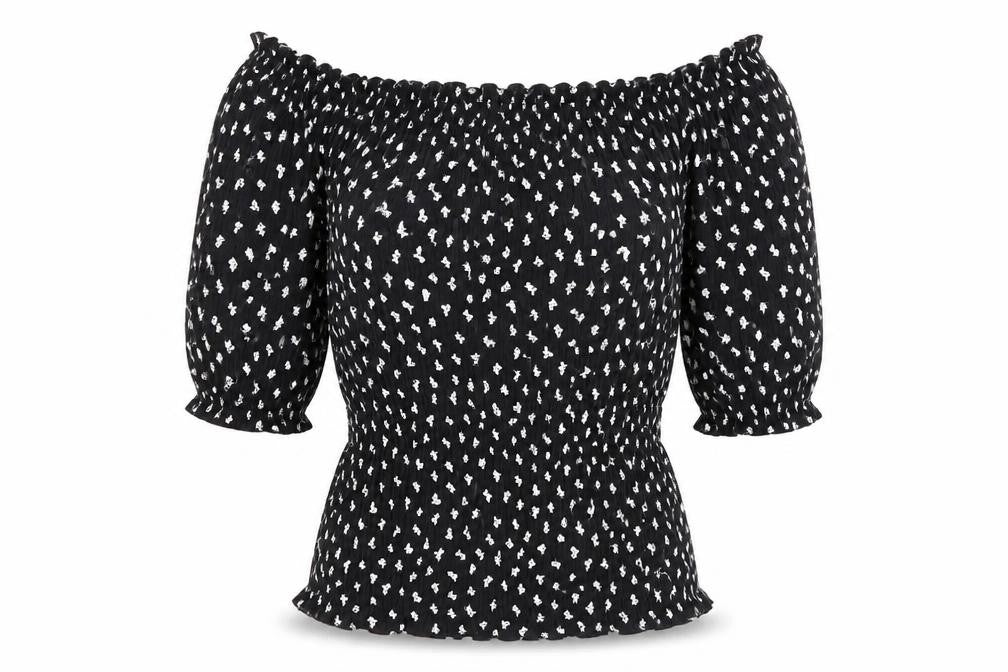 Front view of Marks & Spencer women’s black geometric viscose basic blouse, size UK 8, off the shoulder