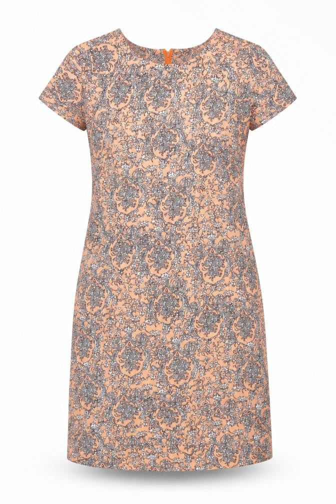 Front view of Stella Morgan women’s orange geometric polyester a-line, size UK 8, round neck zip