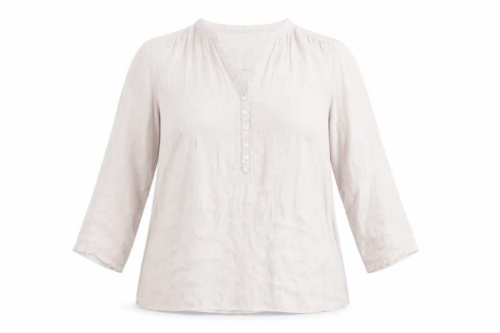 Front view of H&M women’s pink polyester basic blouse, size M, v-neck - shirred detail on the back