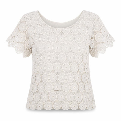Planet Womens Beige Cotton Basic T-Shirt Size M Round Neck - Lace Detail
