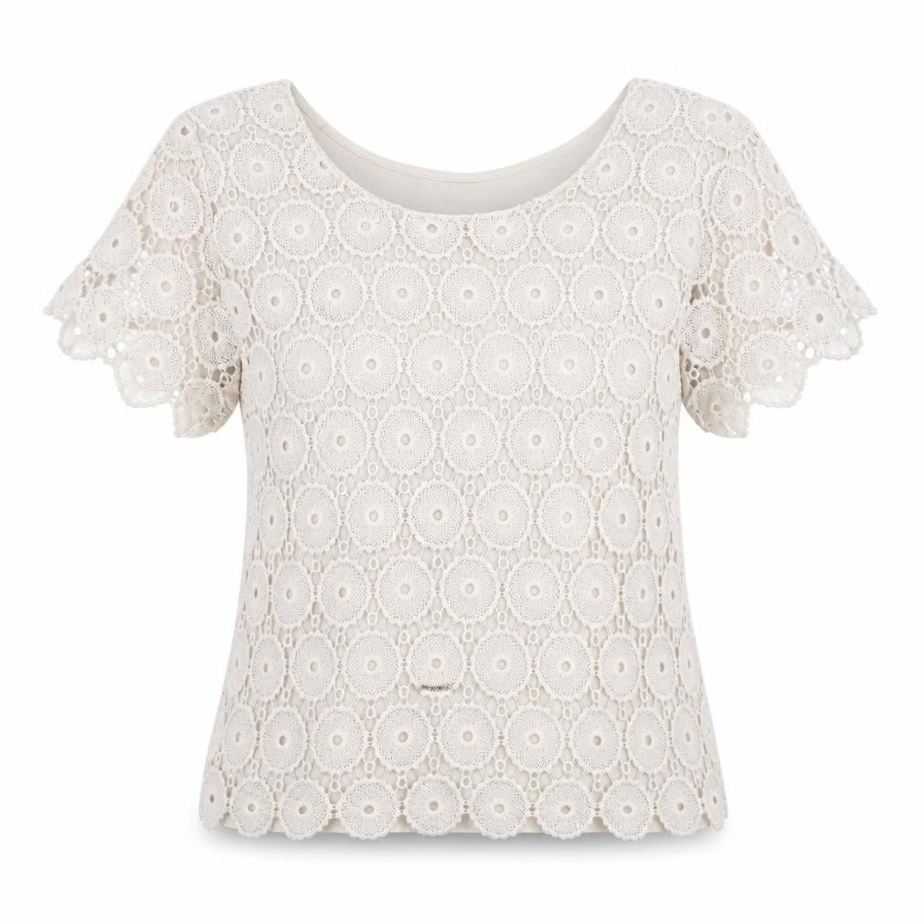 Planet Womens Beige Cotton Basic T-Shirt Size M Round Neck - Lace Detail