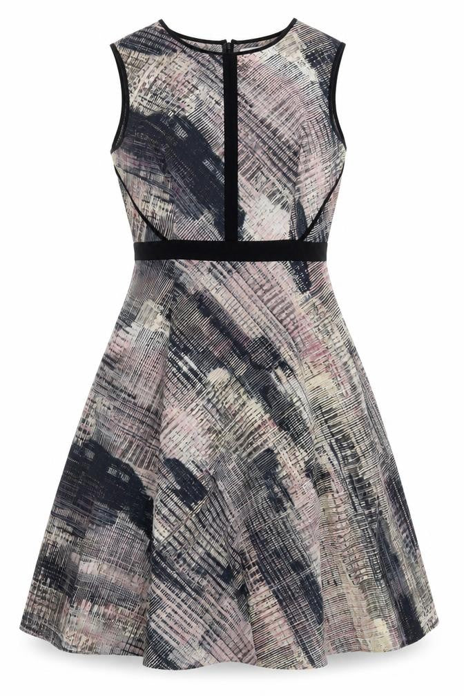 Front view of Fenn Wright Manson women’s brown geometric polyester fit & flare, size UK 12, boat neck zip