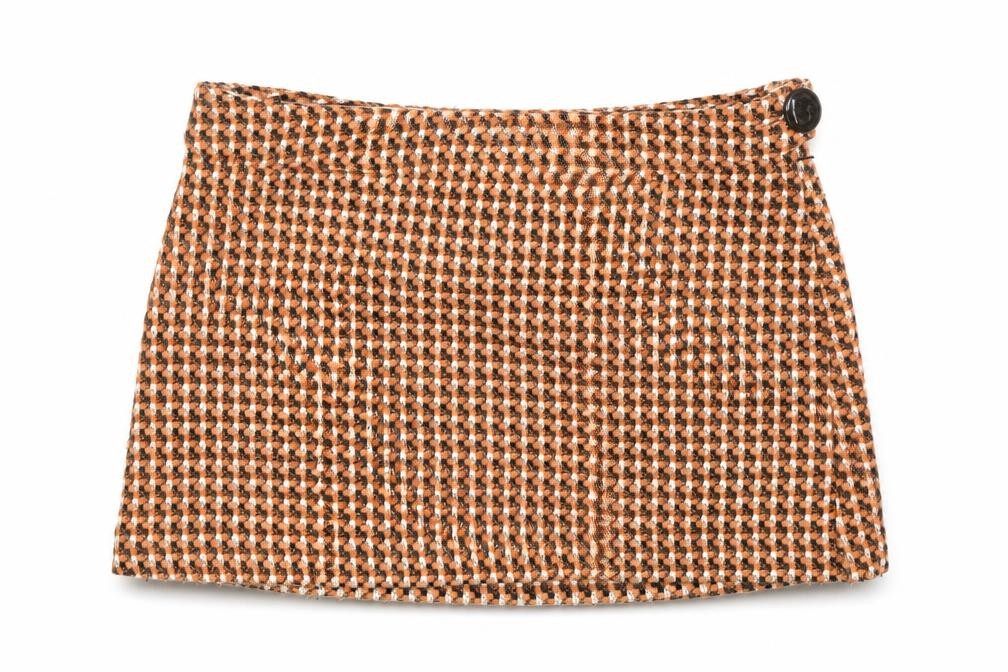 Front view of Divided by H&M women’s orange plaid polyester mini skirt, size UK 10, zip