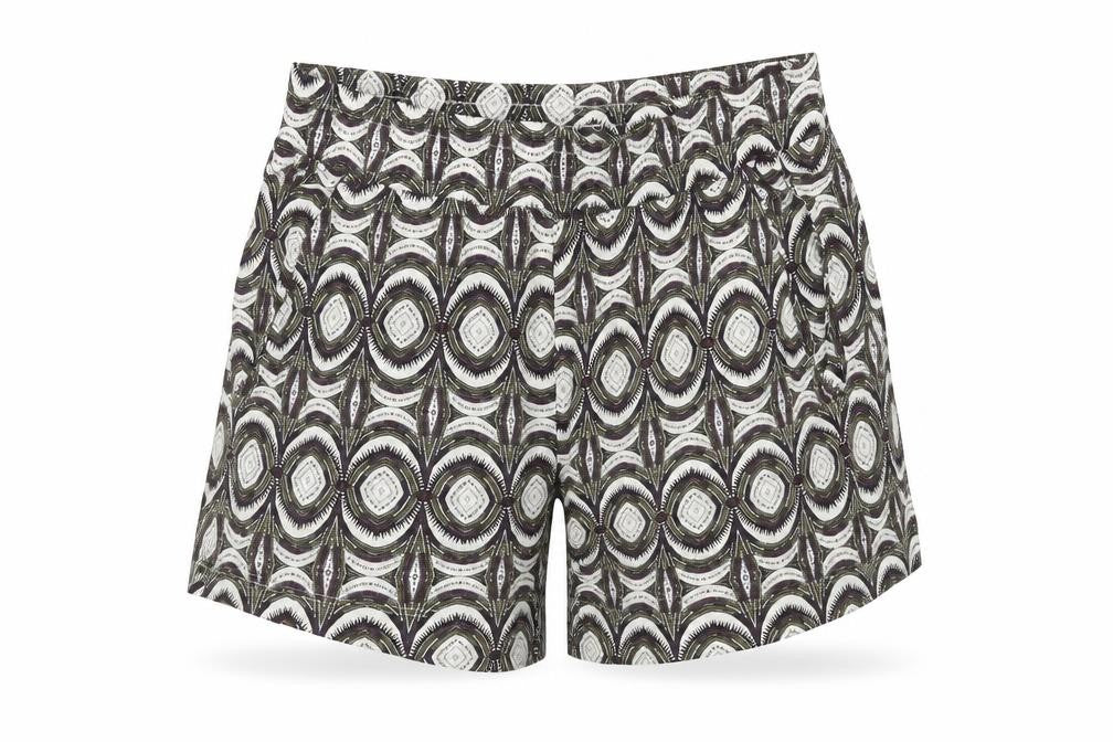 Front view of H&M women’s multicoloured geometric viscose cut-off shorts, size XS, regular pull on
