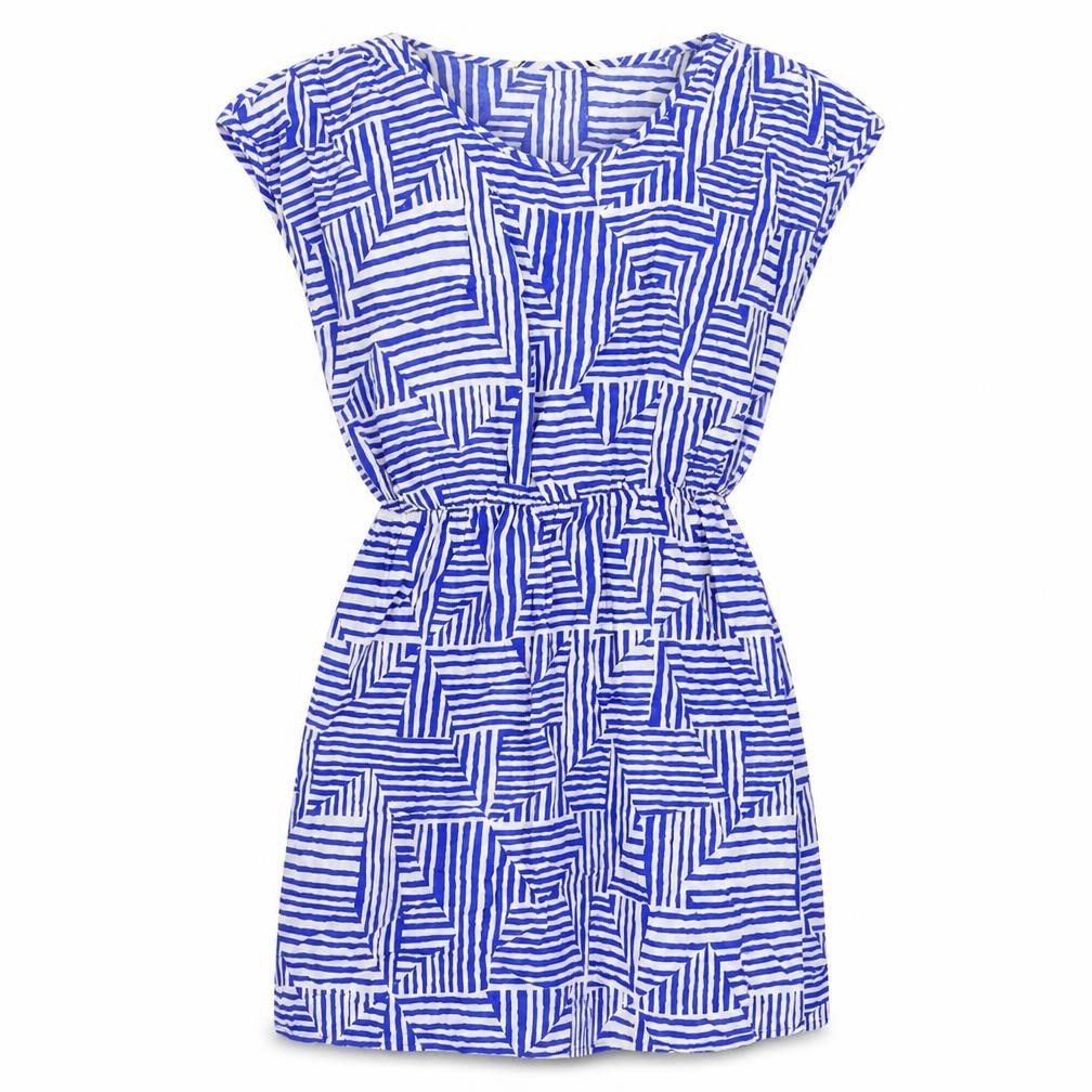 Front view of Forever 21 women’s blue geometric viscose mini, size L, boat neck pullover