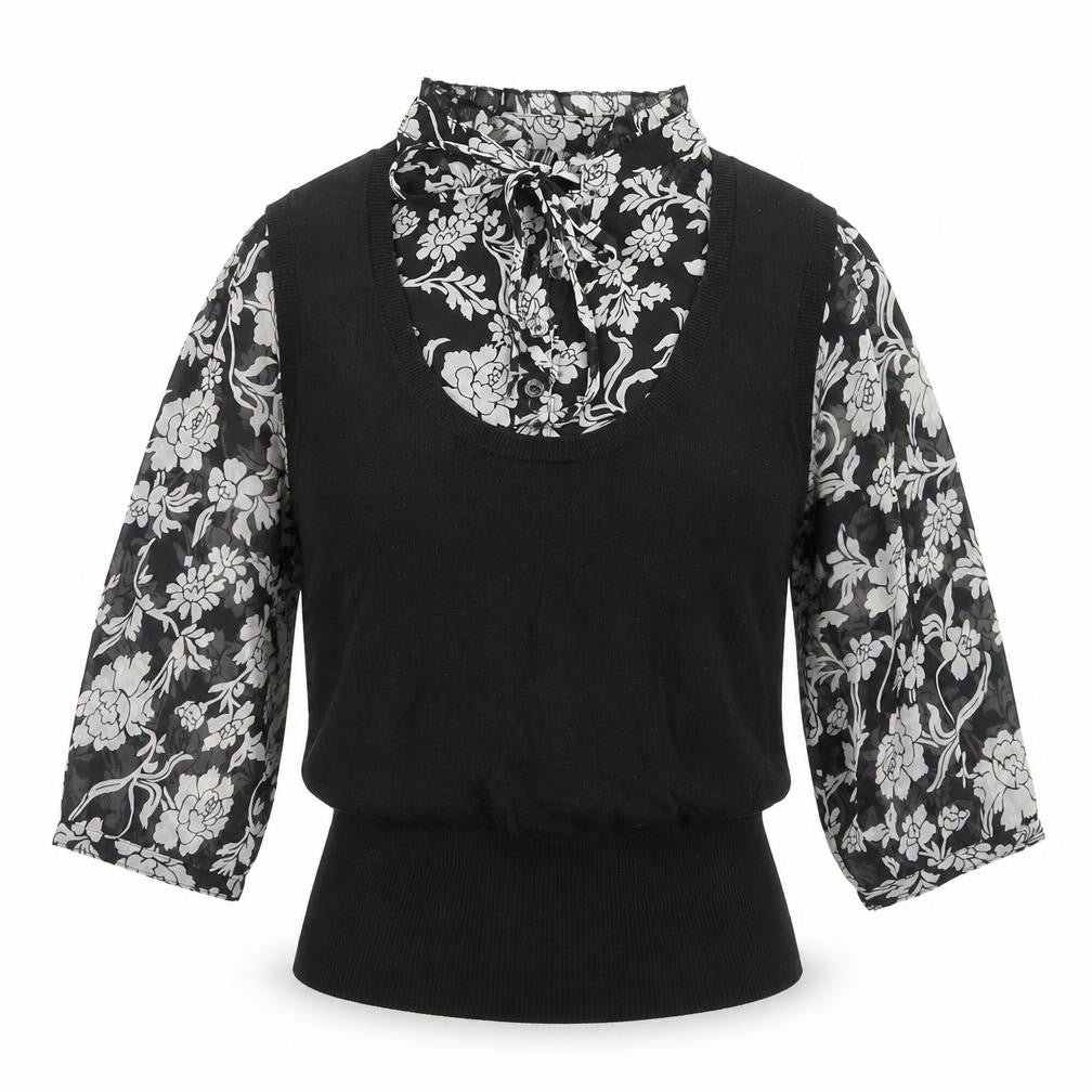 Front view of Marks & Spencer women’s black floral viscose basic blouse, size UK 12, mock neck