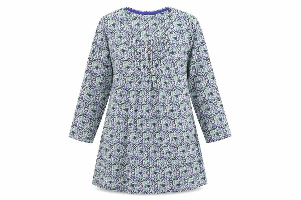 Front view of Dash women’s multicoloured geometric viscose a-line, size UK 10, round neck pullover