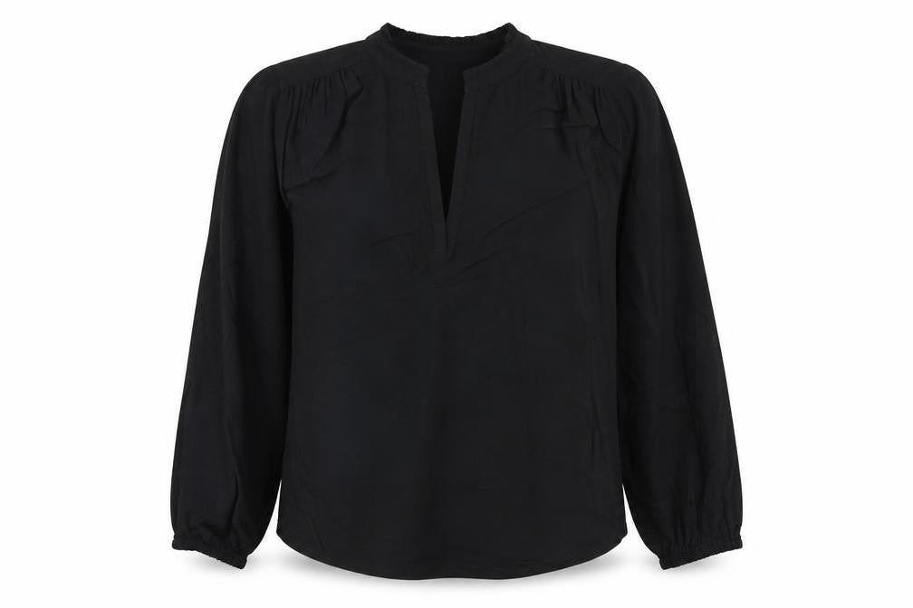 Front view of Marks & Spencer women’s black viscose basic blouse, size UK 8, v-neck