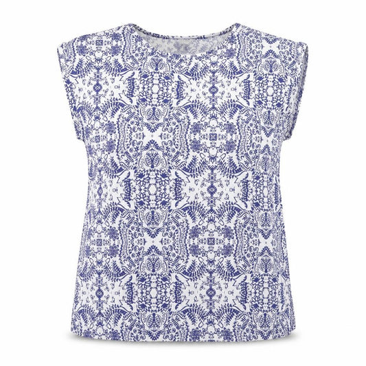 Front view of Papaya women’s blue geometric polyester basic tank, size UK 12, round neck