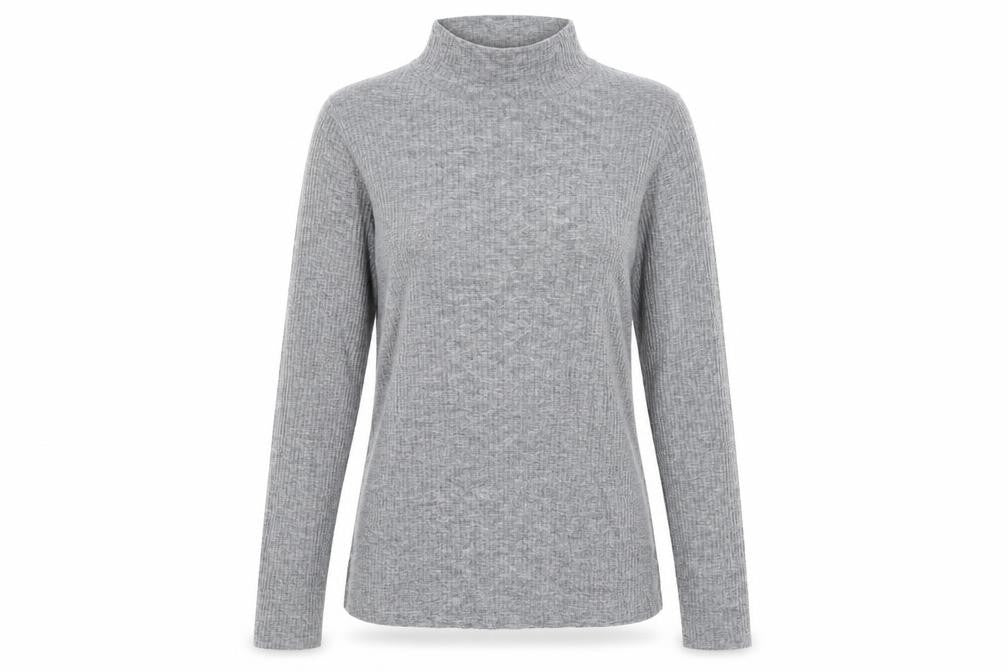 Front view of River Island women’s grey mock neck polyester jumper, size UK 8