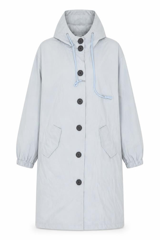 Front view of Paris Design women’s blue overcoat coat, size M, button