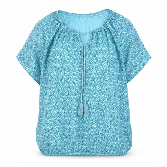 Front view of Yidarton women’s blue geometric viscose basic blouse, size L, v-neck