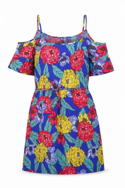 Front view of Atmosphere women’s multicoloured floral polyester fit & flare, size UK 14, boat neck pullover - cold shoulder