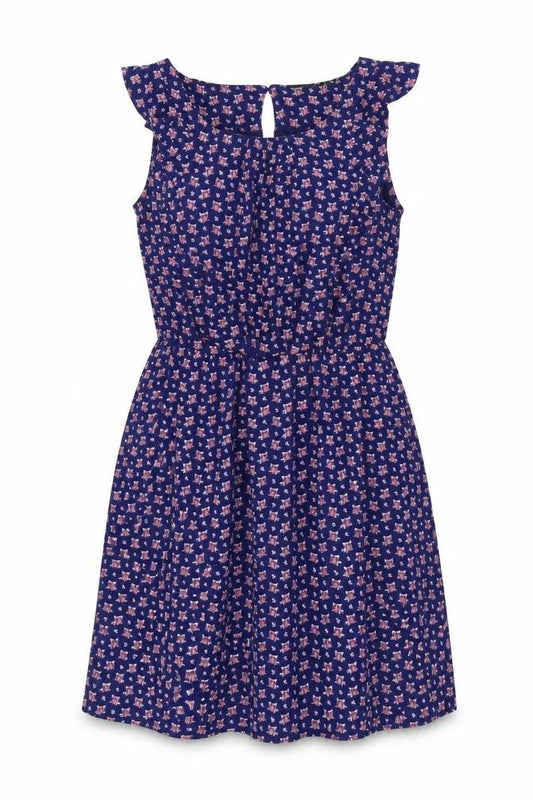 Front view of Atmosphere women’s blue geometric polyester fit & flare, size UK 6, boat neck button