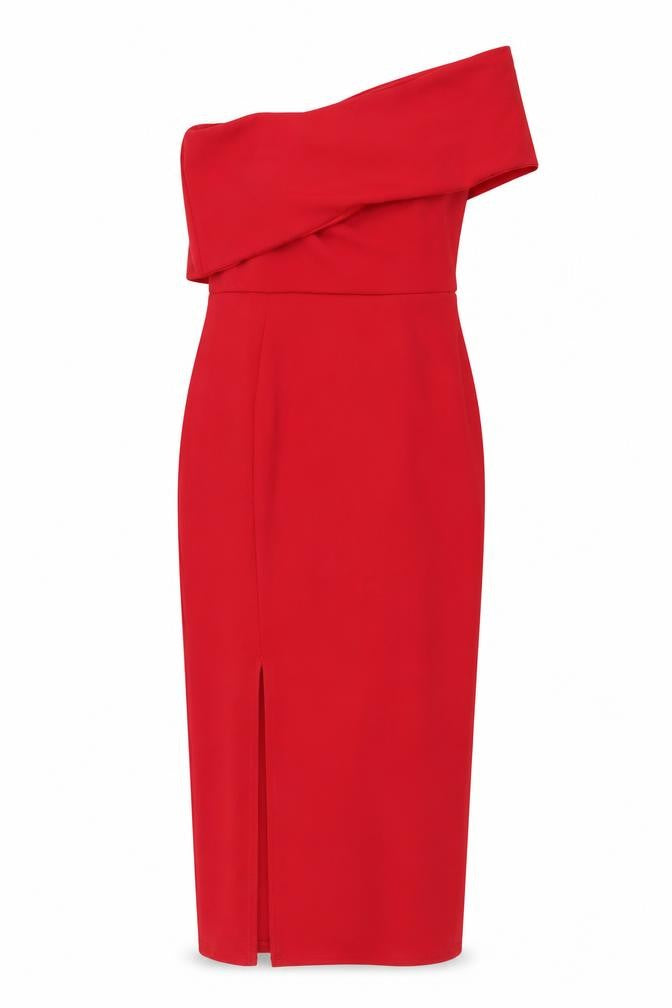 Front view of Missguided women’s red polyester sheath, size UK 10, one shoulder zip