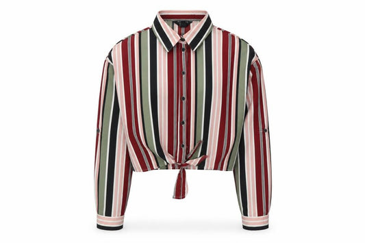 Front view of New Look girls’ multicoloured striped polyester basic button-up, size 11, years collared button