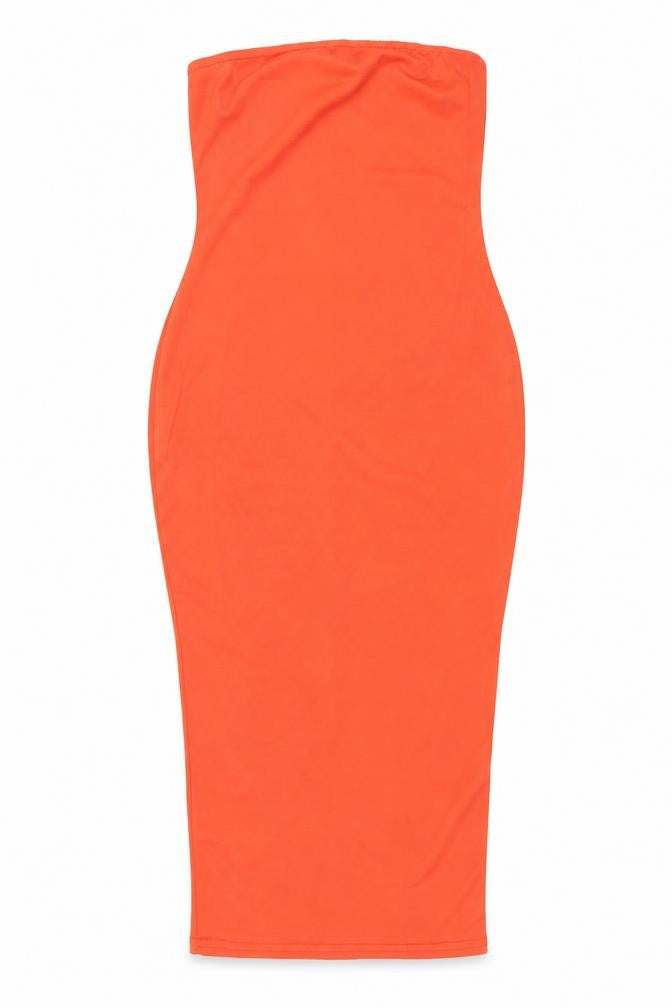 Front view of Boohoo women’s orange polyester bodycon, size UK 10, off the shoulder pullover