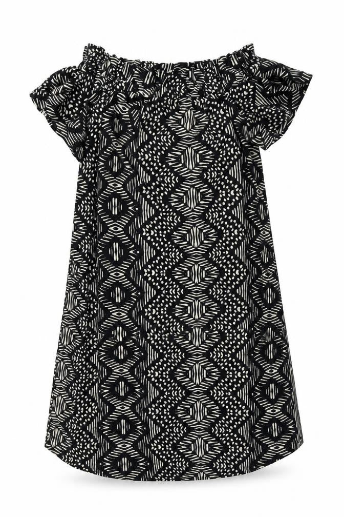 Front view of Atmosphere women’s black geometric polyester a-line, size UK 14, off the shoulder pullover