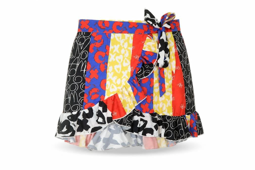 Front view of SHEIN women’s multicoloured geometric polyester wrap skirt, size S, tie