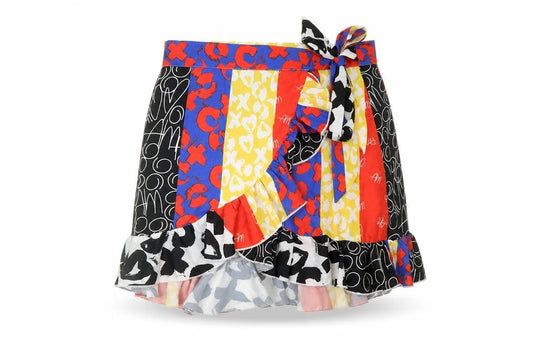 Front view of SHEIN women’s multicoloured geometric polyester wrap skirt, size S, tie