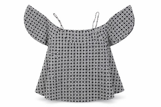 Front view of ASOS women’s black geometric polyester basic blouse, size UK 10, v-neck