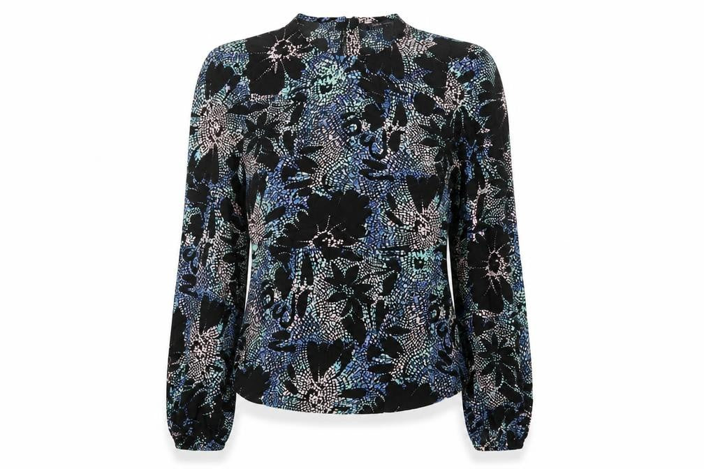 Front view of Marks & Spencer women’s black geometric viscose basic blouse, size UK 8, round neck