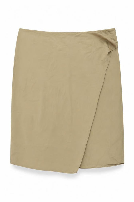 Front view of Marks & Spencer women’s brown polyester wrap skirt, size UK 22, zip