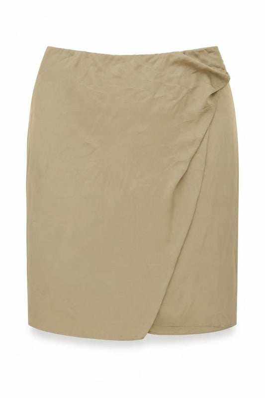 Front view of Marks & Spencer women’s beige polyester wrap skirt, size UK 20, zip
