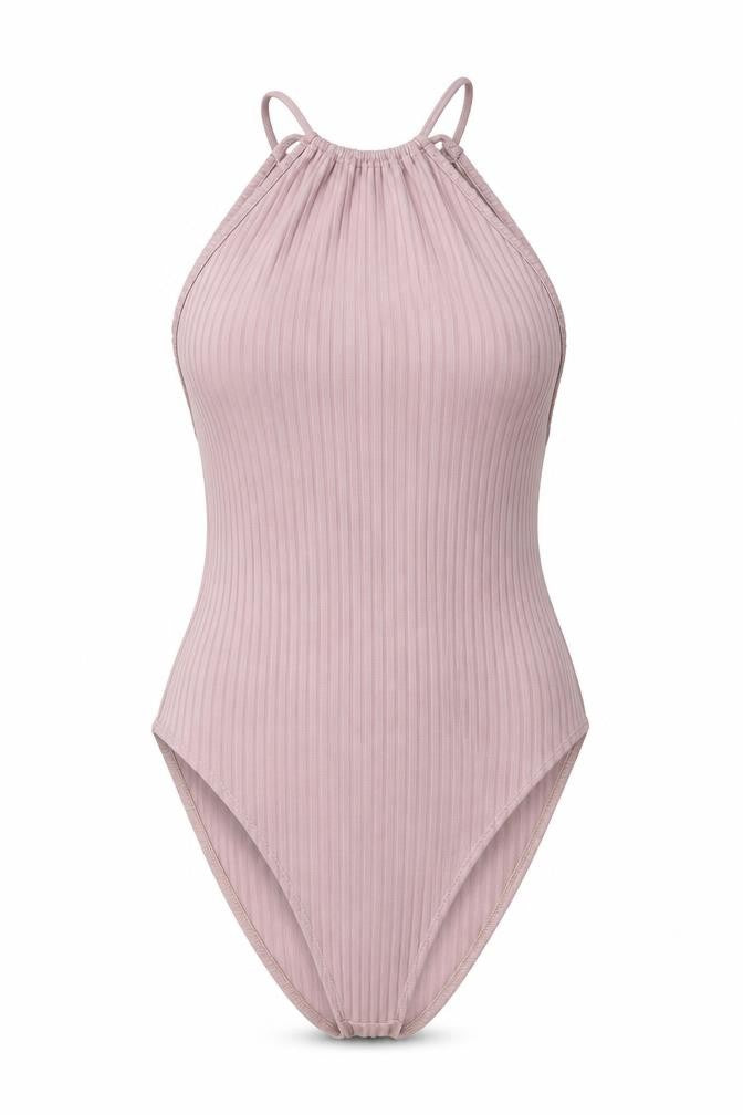 Front view of Missguided women’s pink polyester bodysuit one-piece, size UK 8, snap