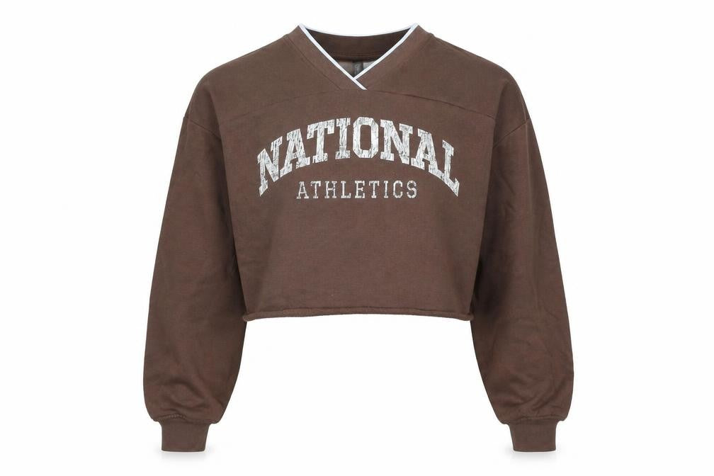 Front view of Divided by H&M women’s brown cotton pullover sweatshirt, size M, pullover - national athletics
