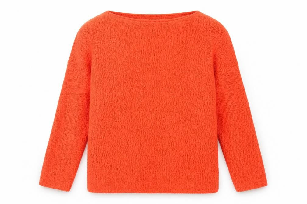 Front view of Atmosphere women’s orange round neck acrylic jumper, size UK 8