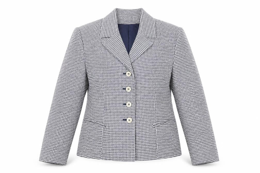 Front view of Pippa Dee women’s blue houndstooth nylon jacket suit jacket, size UK 12