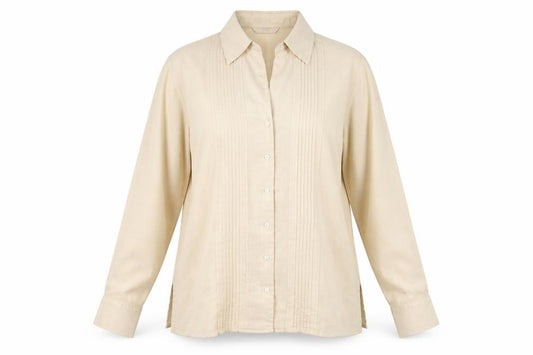 Front view of Marks & Spencer women’s ivory viscose basic button-up, size UK 12, collared
