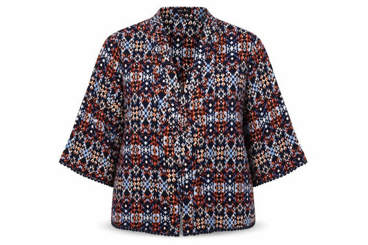 Front view of New Look women’s multicoloured geometric viscose basic button-up, size UK 14, round neck