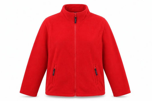 Front view of Uneek women’s red jacket, size UK 20, zip