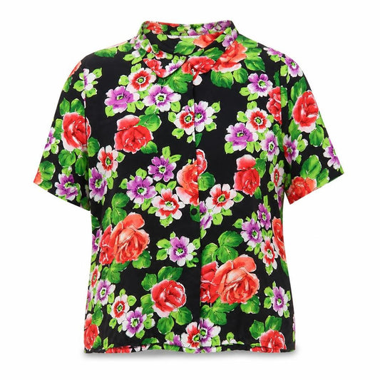 Front view of Gina women’s black floral polyester basic button-up, size UK 16, collared