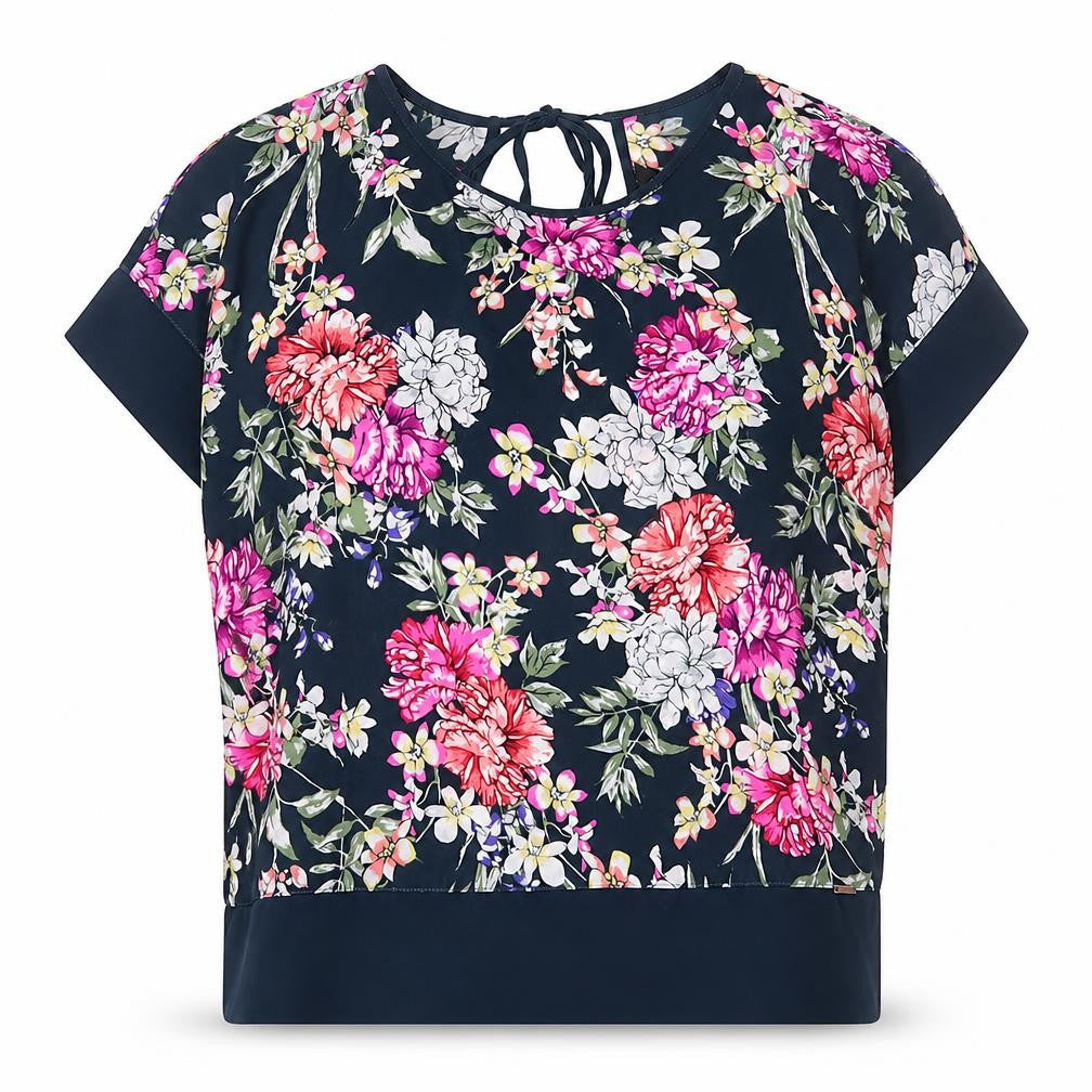Front view of Marks & Spencer women’s blue floral polyester basic blouse, size UK 6, round neck